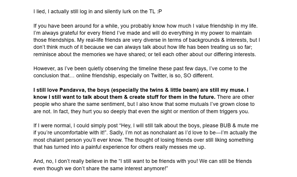 IMeowssage's tweet photo. This is less about Pandavva and more about how I view online friendships. But tl;dr : I'm currently trying to be more offline &amp; find a new muse, but when I do come back, I will still talk about them &amp; create things for them. BUB/block &amp; mute me if you're not comfortable with it! https://t.co/gR0xb6Oxtw