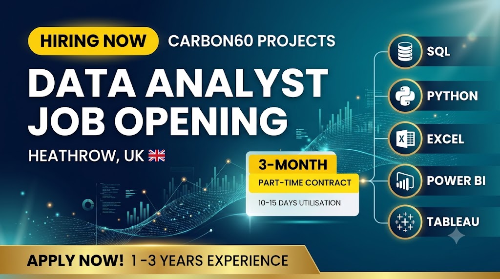 SmartJobConnect's tweet photo. 𝗖𝗮𝗿𝗯𝗼𝗻𝟲𝟬 𝗣𝗿𝗼𝗷𝗲𝗰𝘁𝘀 𝗛𝗶𝗿𝗶𝗻𝗴: 𝗗𝗮𝘁𝗮 𝗔𝗻𝗮𝗹𝘆𝘀𝘁 | 𝗛𝗲𝗮𝘁𝗵𝗿𝗼𝘄, 𝗨𝗞
1–3 years experience | Part-time contract | 3 months | SQL, Python, R, Excel, Power BI & Tableau.
Details: https://t.co/zGktbf8Pyr
#DataAnalyst #DataJobs #UKJobs #Heathrow #SQL https://t.co/t6r9rk4jnK