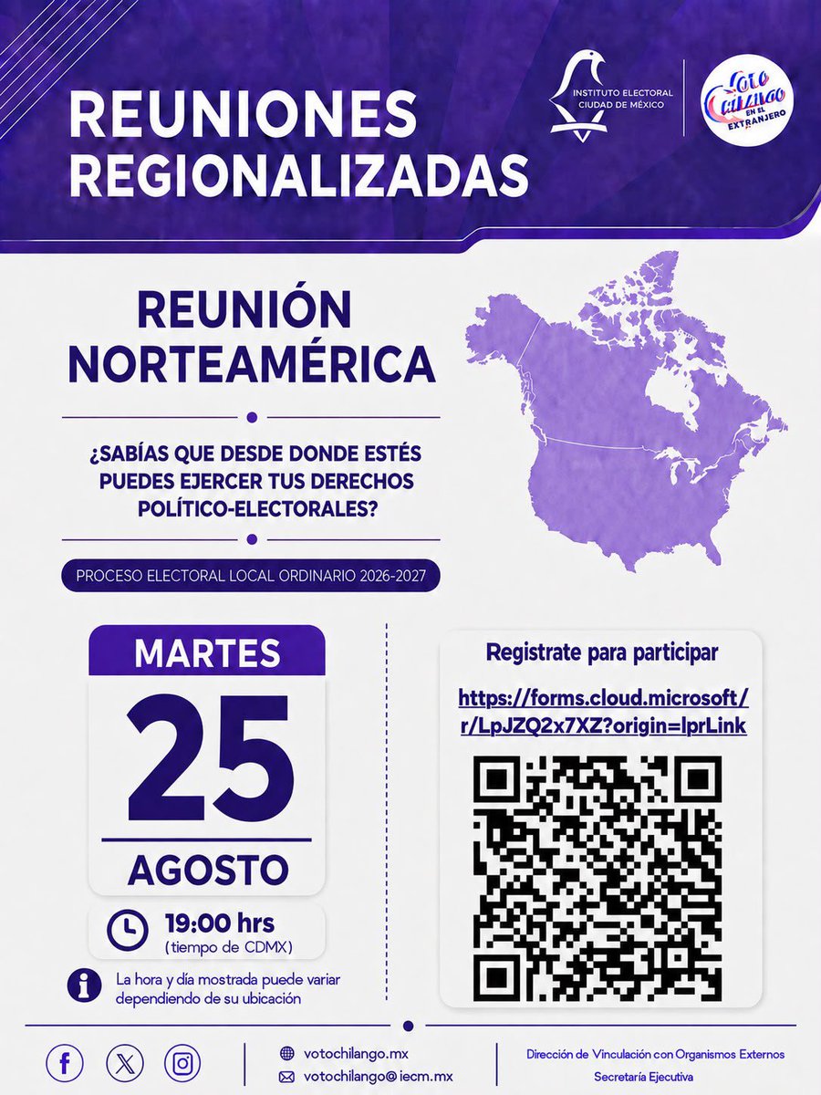 raultorres_mx's tweet photo. 🗳️ Mexican@s en Estados Unidos y Canadá: su voz también cuenta y la distancia no limita nuestros derechos.

El próximo martes 25 de agosto habrá una reunión virtual para conocer más sobre el voto desde el extranjero y cómo ejercer nuestros derechos político-electorales desde Norteamérica. 🇲🇽🇺🇸🇨🇦

🕒 19:00 hrs. (CDMX)
💻 Modalidad virtual
👉 Regístrate para recibir la liga de acceso:  Formulario de registro⁠￼

Participar también es mantener vivo nuestro vínculo con México.

#DiputadoMigrante
#DiputacionMigrante
