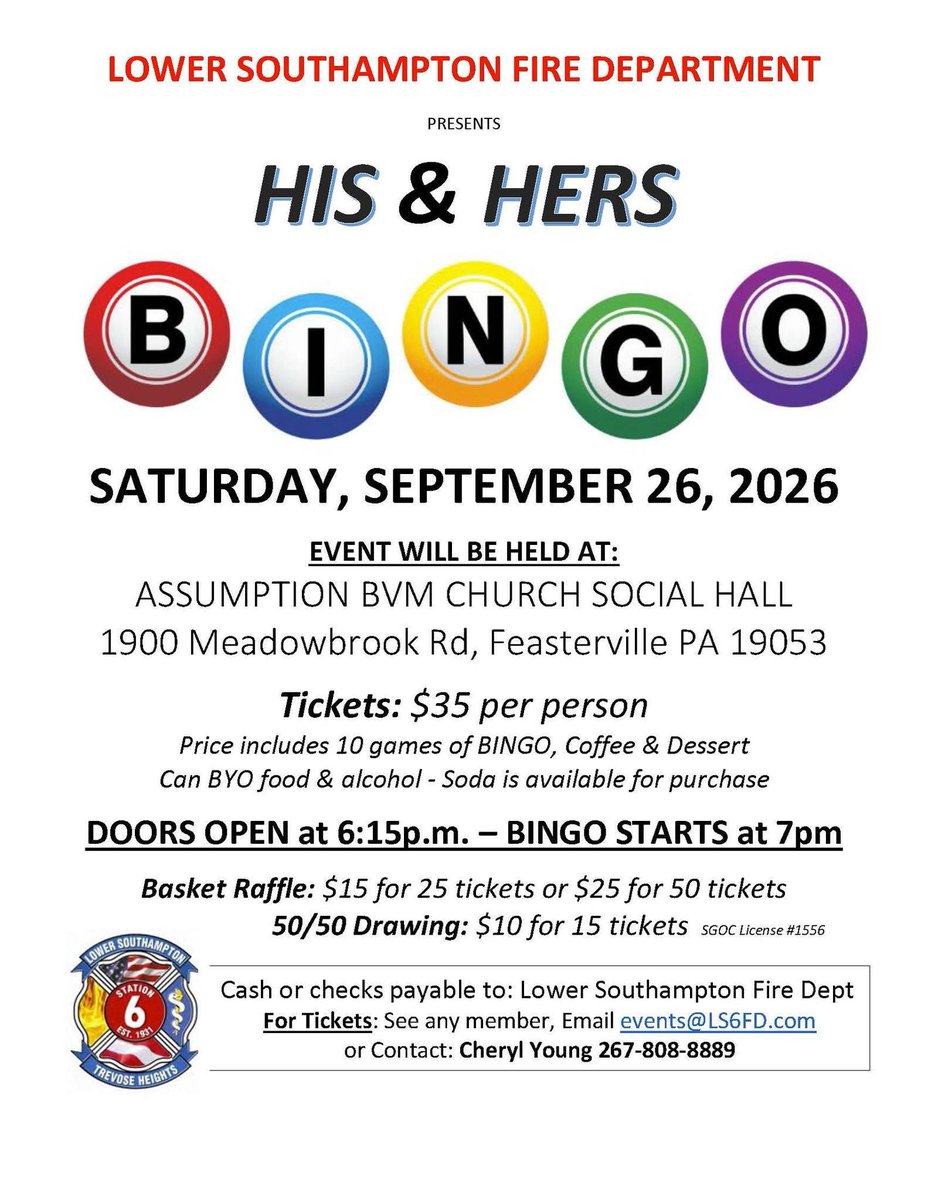 LS6FD's tweet photo. SAVE THE DATE!  
LSFD HIS &amp; HERS BINGO IS COMING!
Saturday, September 26, 2026
Ticket Sales begin on Monday August 10th. $35pp
Tables reserved for groups of 8
Please see flyer for more details https://t.co/lYdzB8h0U5