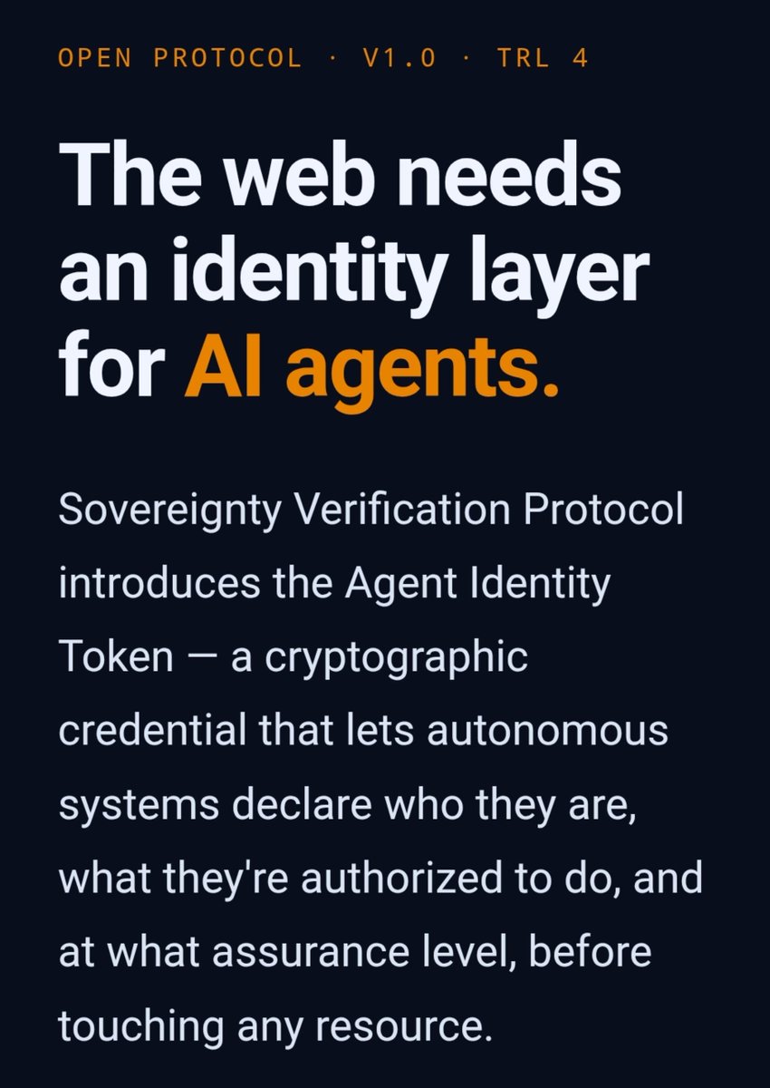 Bravo01labs's tweet photo. Today, Bravo 01 Labs is introducing the Sovereignty Verification Protocol (SVP).
An open protocol for declaring, verifying, authorizing, routing, and auditing autonomous AI agents at the network edge.
#AI #AIagents #Cybersecurity #AIInfrastructure #MachineIdentity https://t.co/A7O2EHVpyA
