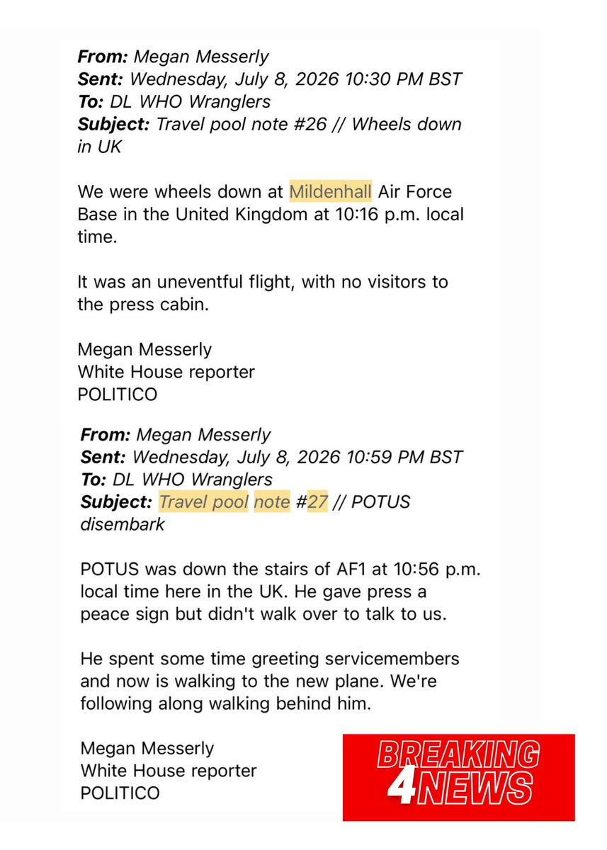 Breaking_4_News's tweet photo. AIR FORCE WHICH ONE? - According to travel pool notes from POLITICO’s @meganmesserly, it took President Trump 40 minutes (10:16pm-10:56pm local time) to deplane from Air Force One at Mildenhall Air Force Base. 

It’s still unclear how POTUS was moved back from the C-32a to AF1. https://t.co/laRHtXIrFH