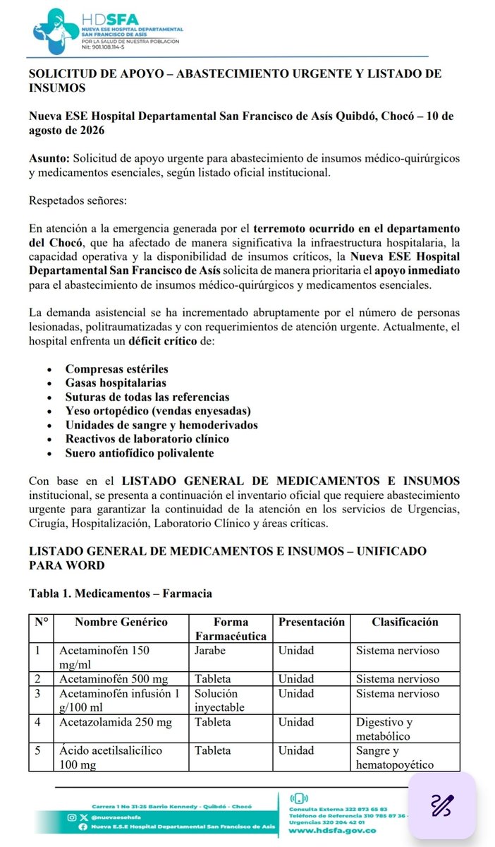RonnySuarez_'s tweet photo. Atención

Este es el listado de medicamentos e insumos prioritarios que necesita la Nueva ESE Hospital Departamental San Francisco de Asís Quibdó 👇🏼 @AnaVesga_G @asocientificas @scarecolombia @CamiloPrietoVal https://t.co/RL0zUYHf3X