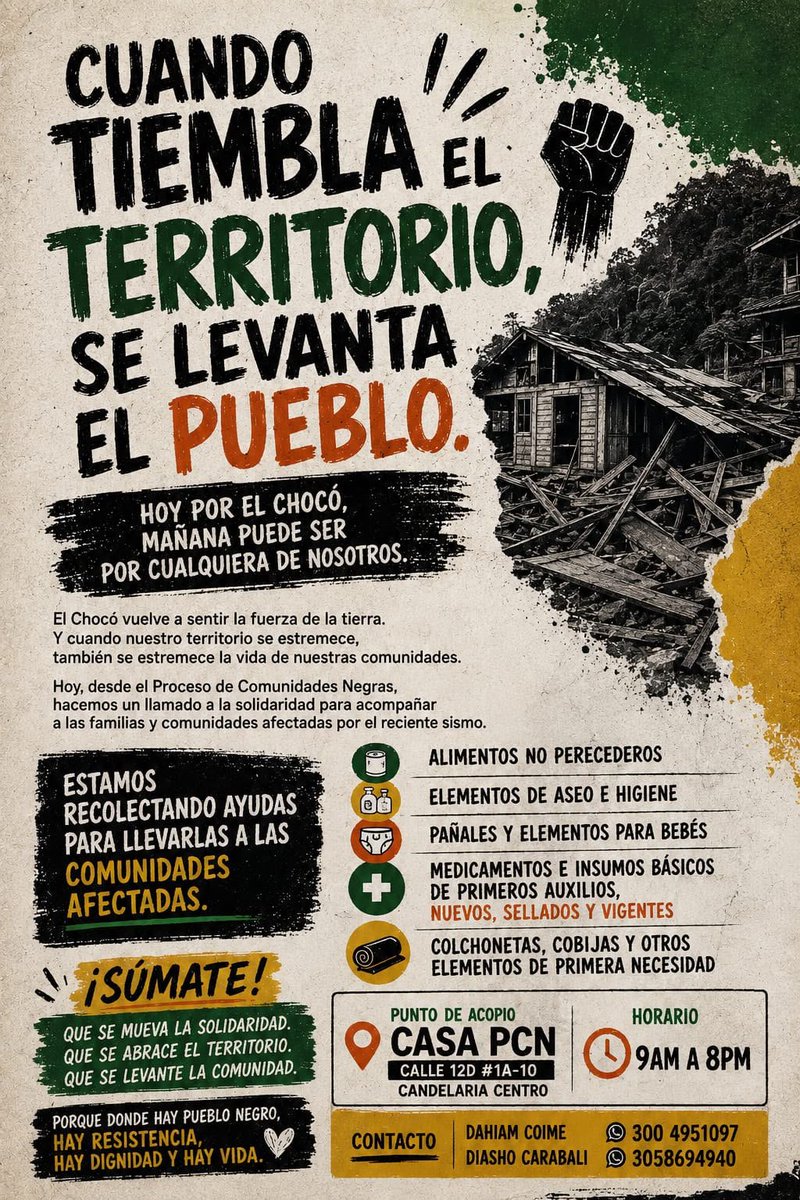 TAILO2020's tweet photo. CUANDO TIEMBLA EL TERRITORIO, SE LEVANTA EL PUEBLO.
🥫 Alimentos no perecederos
🧼 Aseo e higiene
👶 Pañales
🩹 Primeros auxilios
🛏️ Colchonetas y cobijas

📍 Punto de acopio Bogotá: Casa PCN
Calle 12D # 1A -10, Candelaria Centro
🕘 9:00 a.m. a 8:00 p.m.

Hoy todos por el Chocó https://t.co/L8dASXOYJM
