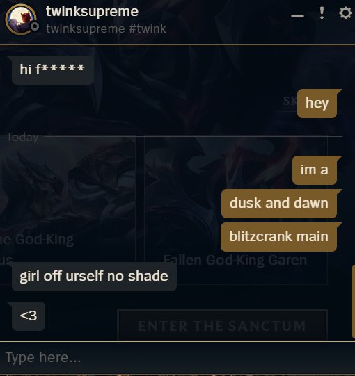 Lindenqr's tweet photo. queers act so inclusive until you tell them you main something like tahm kench smh https://t.co/0uMoIienGt