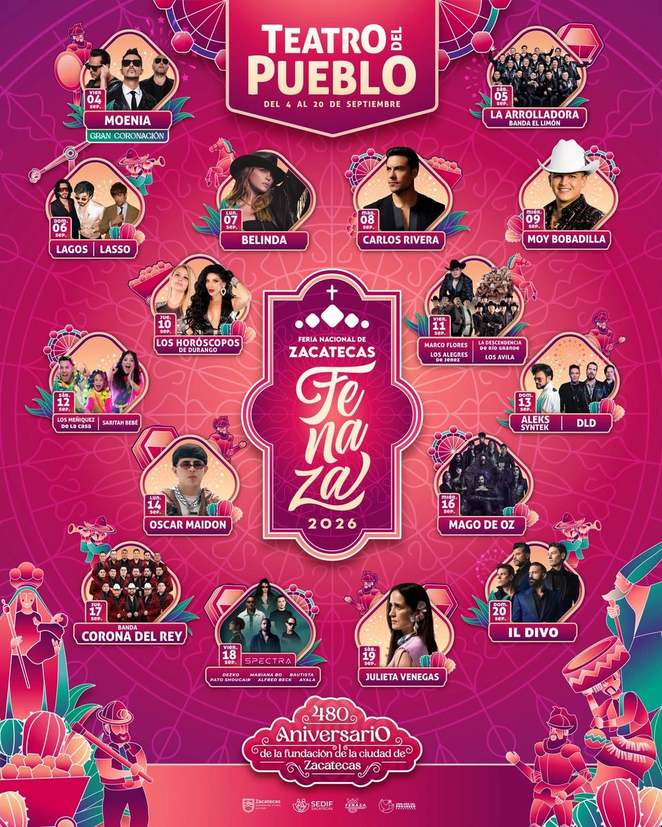 DondeHayFeria's tweet photo. 🔴 #AlMomento

🎡🎉🥳Lista la cartelera del Teatro del Pueblo de la Feria Nacional de Zacatecas 2026:

💠 @belindapop 
💠 @_CarlosRivera 
💠 @Arrolladora 
💠 @julietav 
💠 @dldmexico 
💠 @MAGODEOZOFIC 
💠 @ildivoofficial 
💠 @MoeniaMx 
...
https://t.co/a1Prwflv1X https://t.co/1TWvxKOy0Y