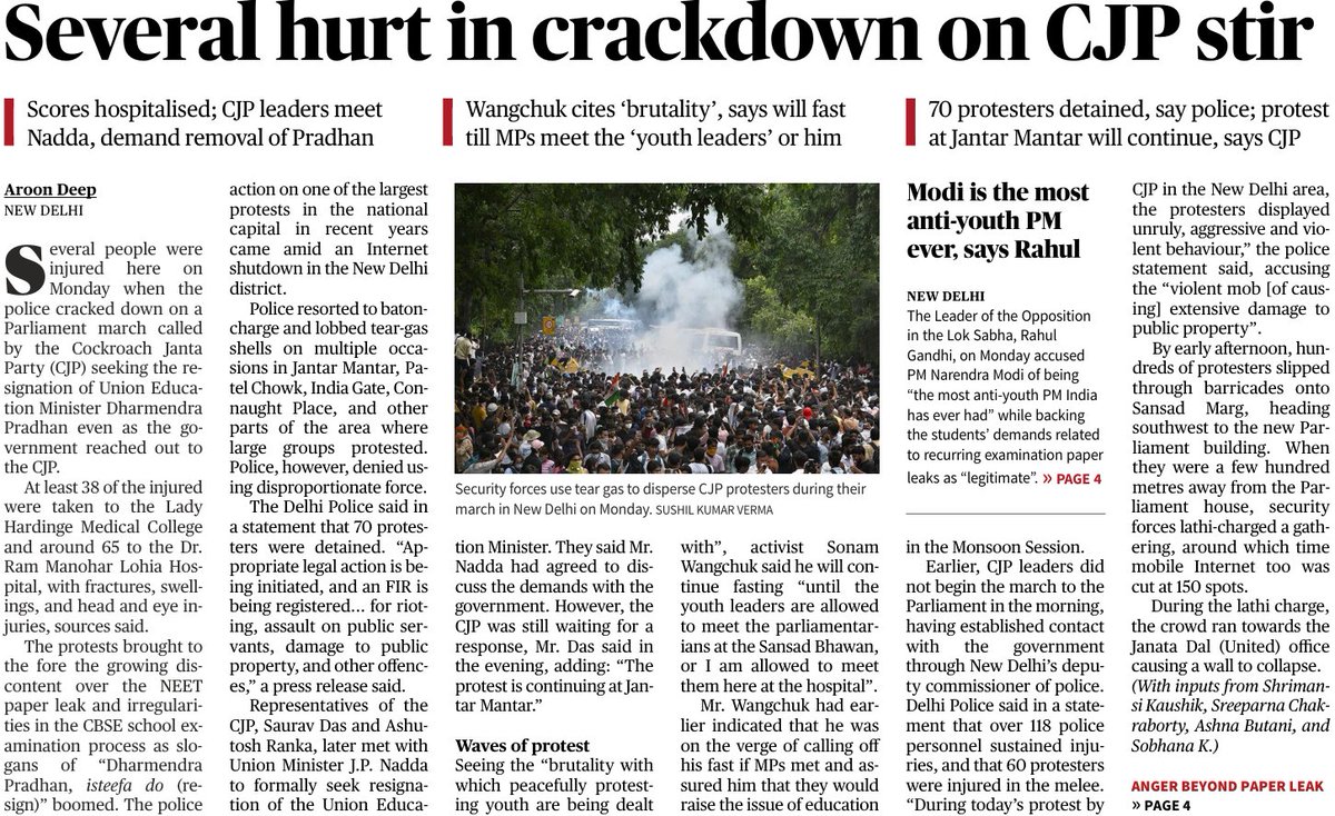 tweeganesh's tweet photo. Two protests, similar causes, similar response but @the_hindu has different lens. 
Injuries during CJP protests are bcs of  "Crackdown" but for Jharkhand it becomes "clashes" and that too on the front page.
However reputed the newspaper may be, we can’t deny @the_hindu’s sheer bias. Sometimes, I get scared thinking: what if the same bias creeps into UPSC aspirants who religiously follow it?