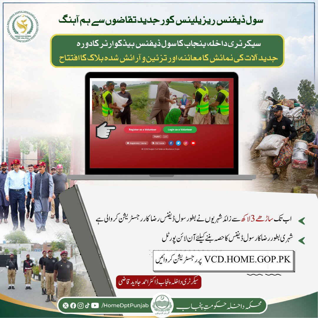 homedptpunjab's tweet photo. سول ڈیفنس ریزیلینس کور جدید تقاضوں سے ہم آہنگ۔ سیکرٹری داخلہ پنجاب کا سول ڈیفنس ہیڈکوارٹر کا دورہ۔ جدید آلات کی نمائش کا معائنہ اور تزین و آرائش شدہ بلاک کا افتتاح۔ سیکرٹری داخلہ ڈاکٹر احمد جاوید قاضی نے کہا کہ اب تک ساڑھے 3 لاکھ سے زائد شہریوں نے بطور سول ڈیفنس رضاکار رجسٹریشن کروا لی ہے۔ شہری بطور رضاکار سول ڈیفنس کا حصہ بننے کیلئے آن لائن پورٹل https://t.co/MXMm8Ya1RC پر رجسٹریشن کروائیں۔
#Punjab #Home #CivilDefence #Volunteer #Registration #Breaking #Pakistan