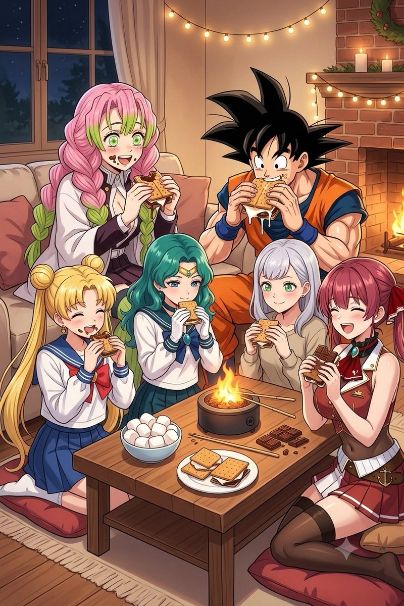 BrianJesusChav1's tweet photo. Día Nacional del S'more (EE. UU. e internacional):
Comiendo un postre hecho de malvavisco asado y una tableta de chocolate entre dos galletas Graham en casa.
#AIArt #Anime #DBS #SonGoku #Smore #Naruto #SailorMoon #DemonSlayer #MyHeroAcademia https://t.co/VszXHxnihF