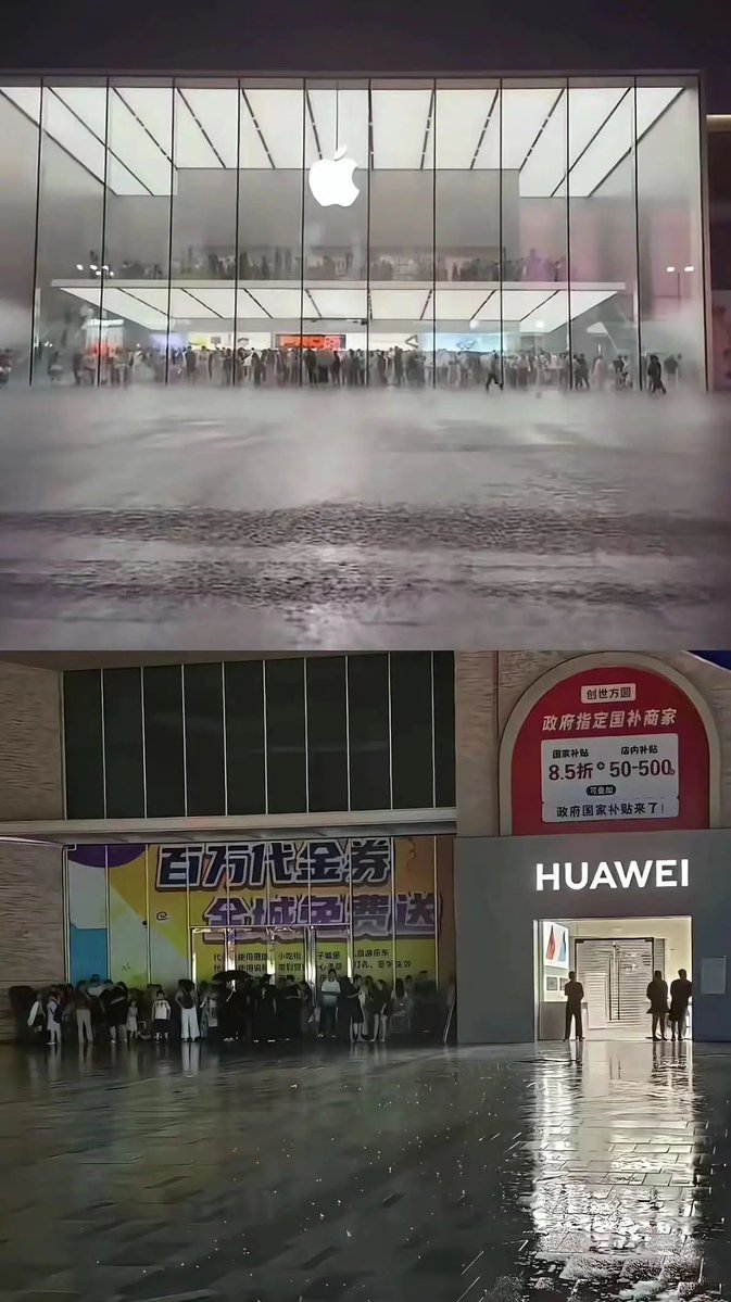 crypto_daha's tweet photo. 台风白海豚到来的时候，苹果和华为门店的对比 https://t.co/cxM7GX1Jto