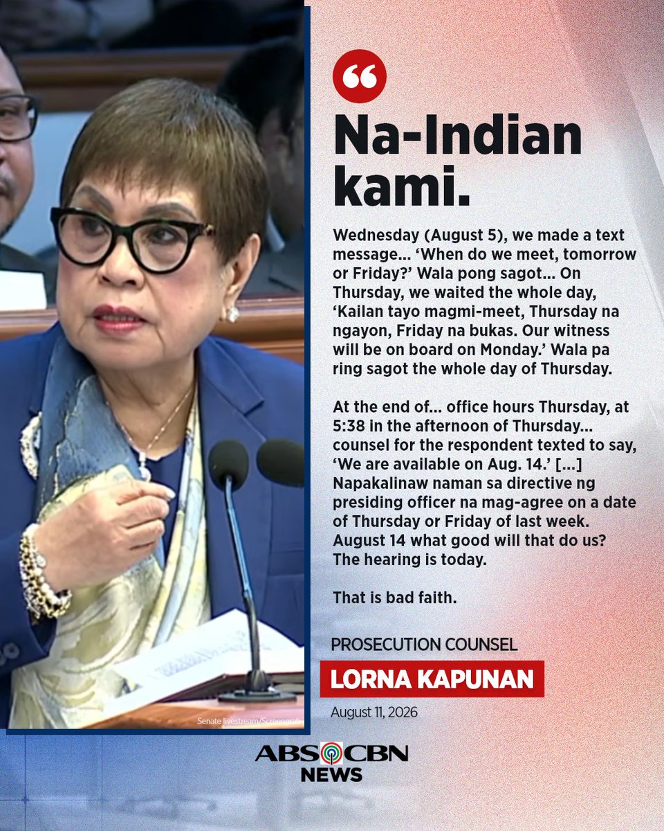 ABSCBNNews's tweet photo. 'NA-INDIAN KAMI.'
 
Sa kanyang manifestation, iginiit ni prosecution counsel Lorna Kapunan na hindi sumipot ang defense counsel para sa pagkukumpara ng mga dokumento kaugnay ng impeachment trial ni VP Sara Duterte.
 
Dagdag niya, maituturing itong "bad faith" sa panig ng depensa. #VPonTrial

Visit https://t.co/URFg0EoPVg for the latest updates on #VPOnTrial

WATCH: https://t.co/ieMS7fqcgl