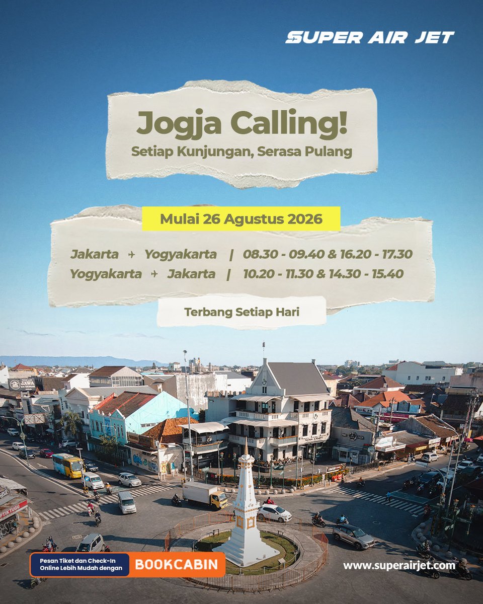 SuperAirJet's tweet photo. Mulai 26 Agustus 2026, ada rute baru CGK ✈︎ YIA yang bisa kamu nikmati setiap hari bareng Super Air Jet.

Jogja calling, kamu kapan berangkat? Booking tiket sekarang lewat aplikasi #BookCabin! ✨ https://t.co/qdkiuMxR1x