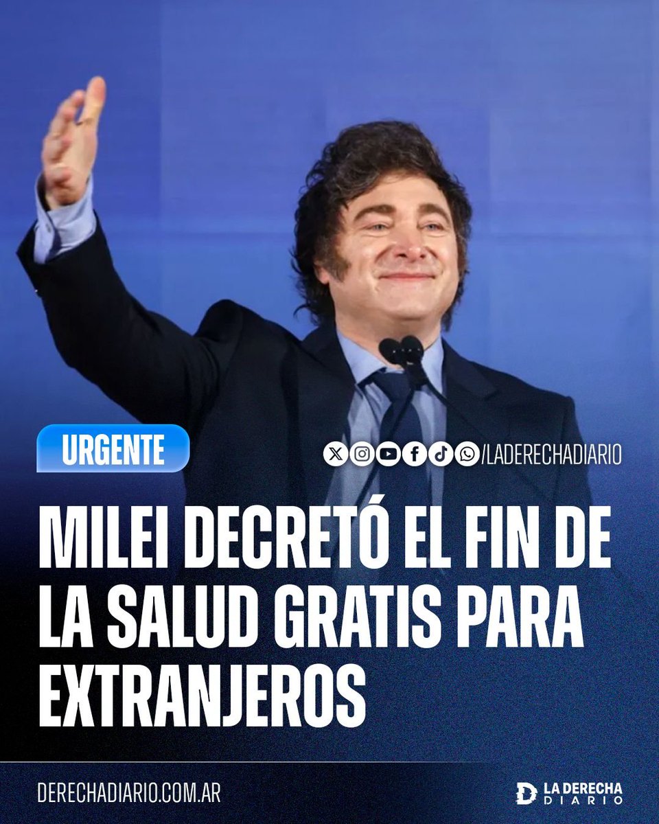 laderechadiario's tweet photo. 🚨🇦🇷 | MILEI DECRETÓ EL FIN DE LA SALUD GRATIS PARA EXTRANJEROS: El Gobierno reglamentó el nuevo sistema de atención sanitaria para extranjeros no residentes permanentes: fuera de las emergencias, quienes quieran recibir atención habitual en hospitales nacionales deberán presentar un seguro médico con cobertura suficiente o pagar previamente la prestación.

La regulación establece además un circuito concreto para que el Estado deje de absorber esos costos: si el extranjero tiene seguro, el hospital notificará a la aseguradora, emitirá la factura electrónica correspondiente y tendrá un plazo de 45 días para cobrar; si no tiene cobertura y solicita una prestación programada, deberá presupuestarse la atención y abonarse el 100% antes de realizarse.

Las emergencias seguirán siendo atendidas sin restricciones, pero una vez estabilizado el paciente, los gastos generados desde el cese de la emergencia hasta el alta podrán ser facturados. Con este esquema, el Gobierno busca evitar que los argentinos terminen financiando tratamientos de extranjeros y reemplazar el viejo sistema por uno en el que cada paciente o su aseguradora se hagan cargo del costo.