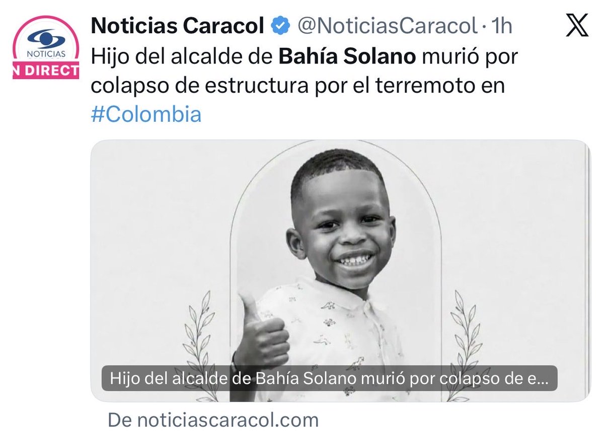 oscarapolinarm's tweet photo. Como padre, me uno con profundo sentimiento al dolor de Leonel Valencia, alcalde de Bahía Solano, y de toda su familia por la partida de su hijo Mateo.

Que Dios les conceda fortaleza y consuelo en este difícil momento. Hoy Colombia necesita de nuestra unión, solidaridad y oración.