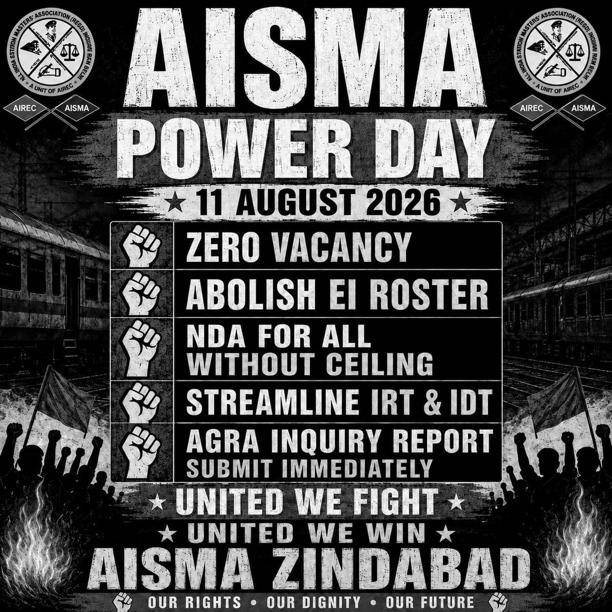 aismair1953's tweet photo. 🚩 STATION MASTER POWER DAY 11 AUG 2026 🚩
5 demands, 1 voice:
1️⃣Zero Vacancy 2️⃣NDA-No Ceiling 3️⃣Abolish EI Roster 4️⃣Streamline IRT/IDT 5️⃣Agra Report NOW
Our rights.Our dignity.Our future
@AshwiniVaishnaw @RailMinIndia @PMOIndia
#AISMA #SM_POWER_DAY #JAIAISMA #safetyopenlinestaff https://t.co/NpQSI4hWFg
