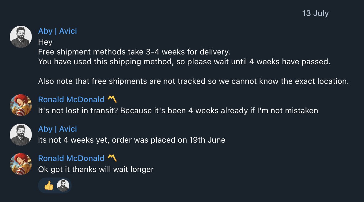ron_mcdon1's tweet photo. 19 June to 11 August waiting on a card from @avici. still nothing.
now my balance is gone too.
support telegram: ignored. in app support: redirects you back to the same ignored telegram.
a company holding customer funds with no reachable support should not be calling itself a crypto bank.
