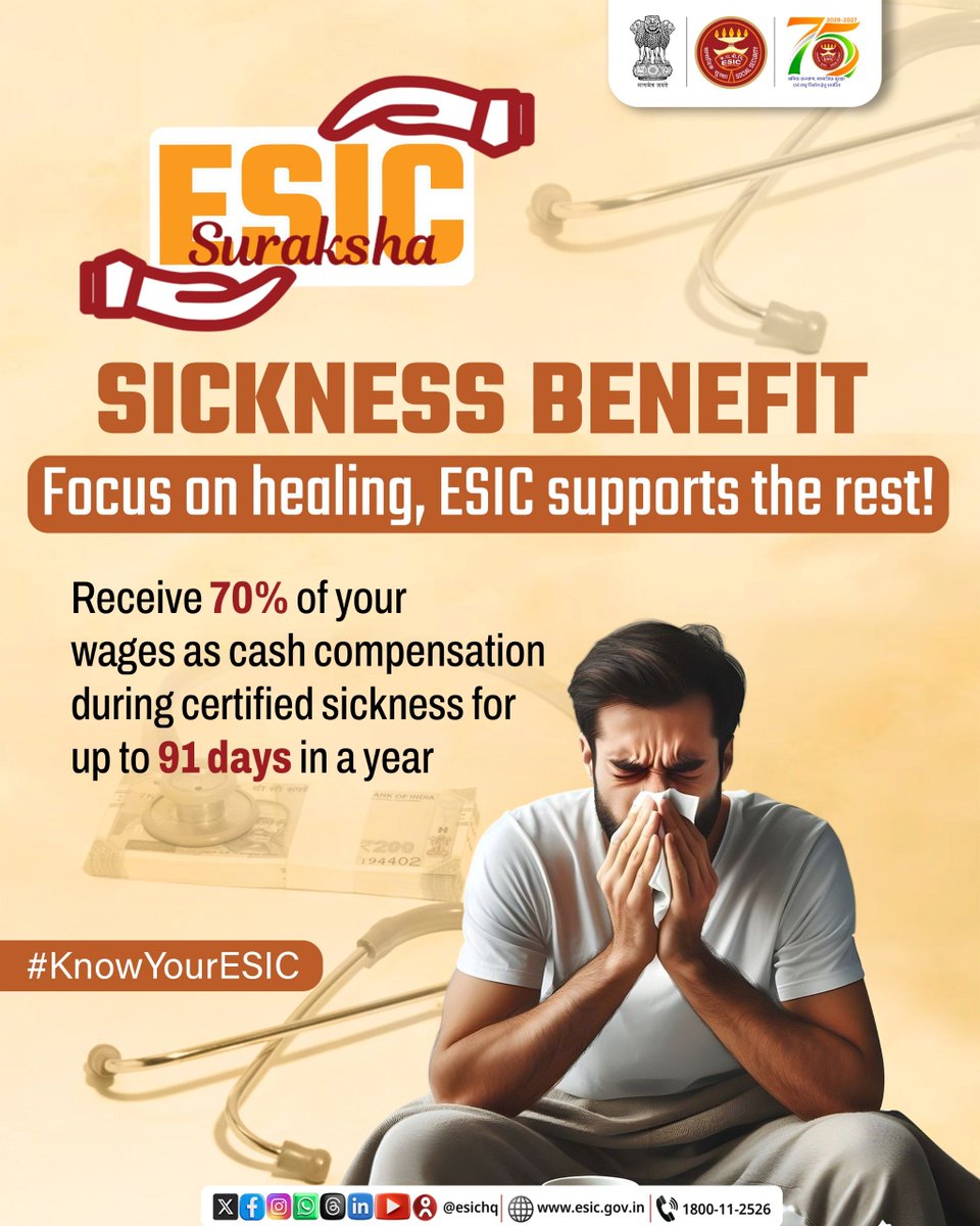 esichq's tweet photo. Illness may pause your work, but it shouldn't pause your financial security!

ESIC's Sickness Benefit provides cash compensation during sickness, helping insured workers focus on healing while their income stays protected.

#ESICSuraksha #KnowYourESIC #SicknessBenefit #SocialSecurity #ESIC