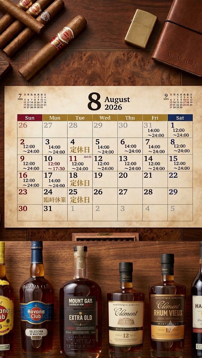NestCigar's tweet photo. 11th Aug. OPEN
12:00〜24:00(L.O23:00)

本日火曜日ですが、祝日の為12:00〜営業しております🈺
#rum #cigar https://t.co/SMJxARwBI4