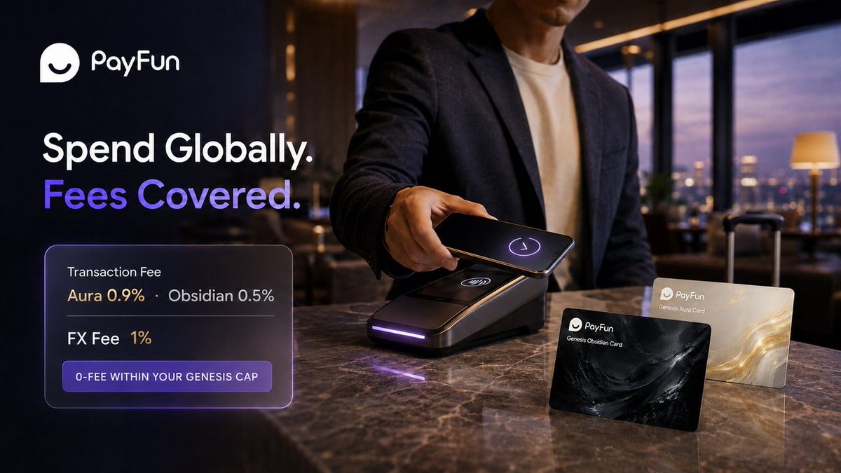 PayFunOfficial's tweet photo. What fees apply when you spend in a foreign currency?
Two fees to know:
· Transaction fee: Aura 0.9% | Obsidian 0.5%
· FX fee: 1%
Genesis Card holders — both are waived within your 0-fee spending cap 💳
#PayFunCard #CryptoPayments #PayFi https://t.co/F2PSu4h9vK