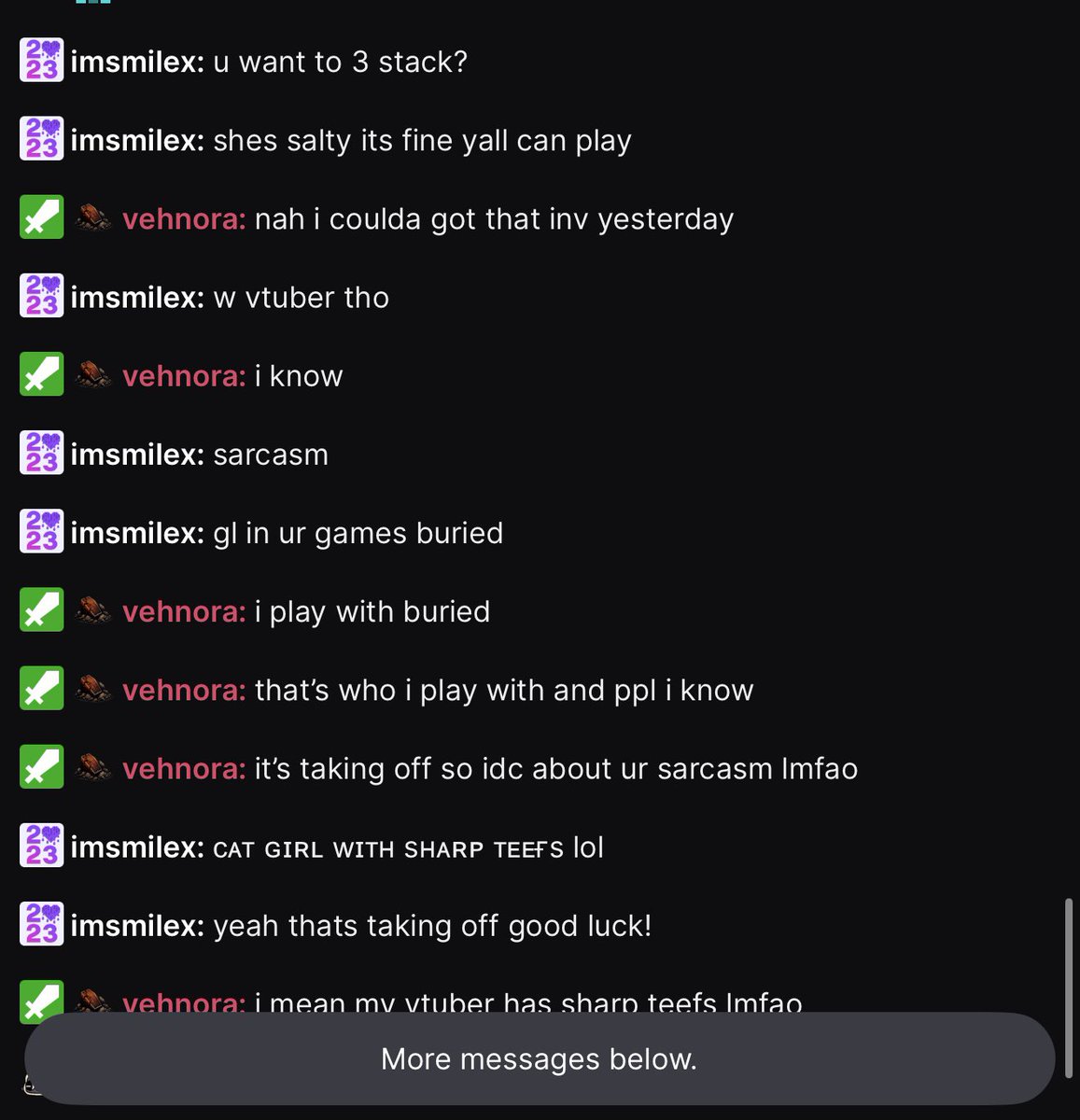 vehnora's tweet photo. a streamer doesnt have to play w u fyi. i was duo q w/ a streamer i know &amp; someone in his chat started askin to play with us. when i said i only play w/ ppl i know, they came for my “vtuber with sharp teefs” &amp; told me it wasnt going anywhere vtubers are allowed to hv boundaries https://t.co/NDCL3HPJtO
