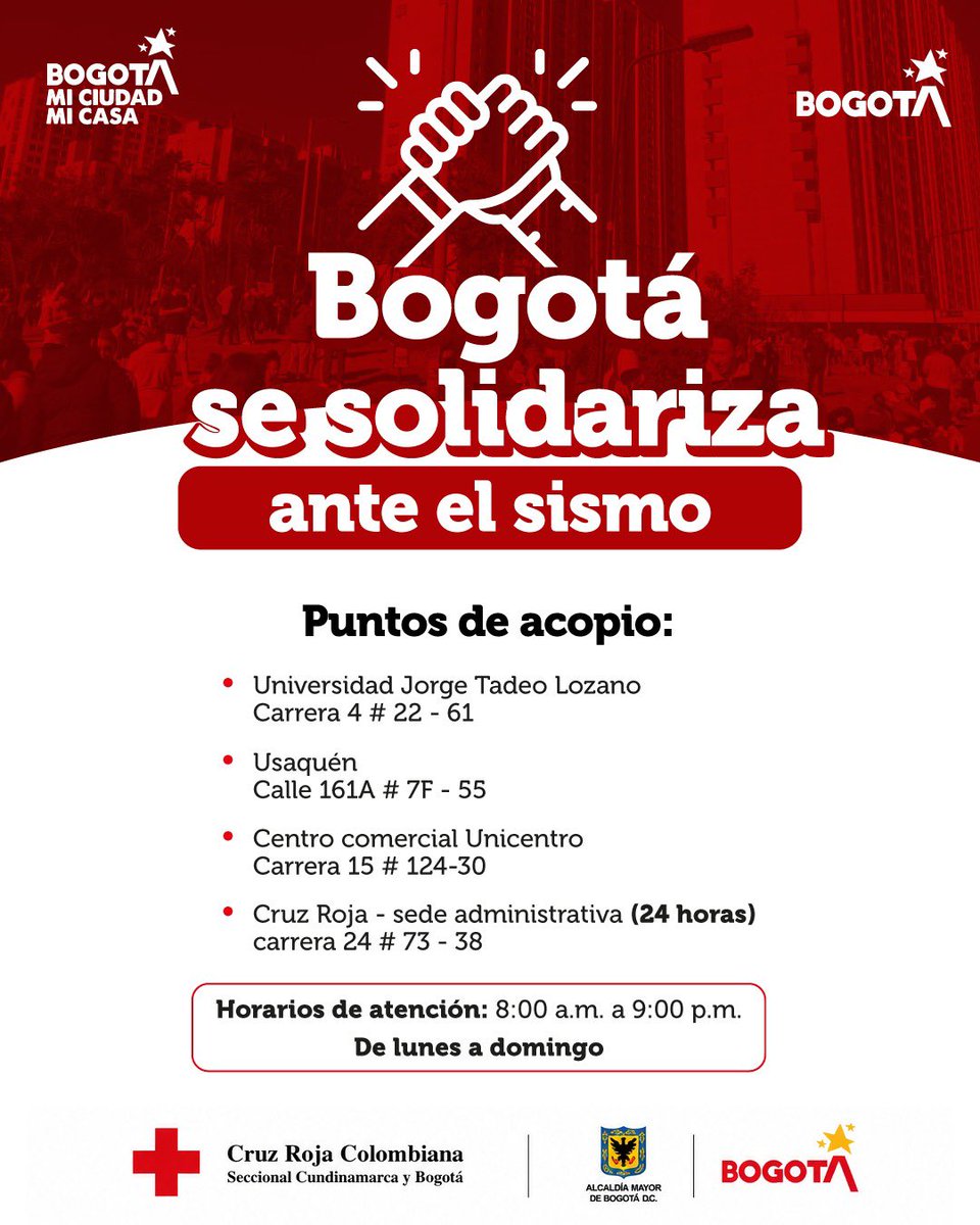 Bogota's tweet photo. 📍 Estos son los puntos de acopio habilitados en Bogotá para recibir donaciones ante la emergencia. ¡Bogotá se solidariza! https://t.co/1390nLrl2c