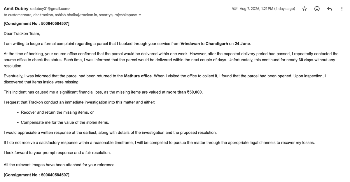 amitd_amitd's tweet photo. @trackonindia :
I raised a complaint few days back but still waiting for the response. See below https://t.co/iACubZ2Gdj