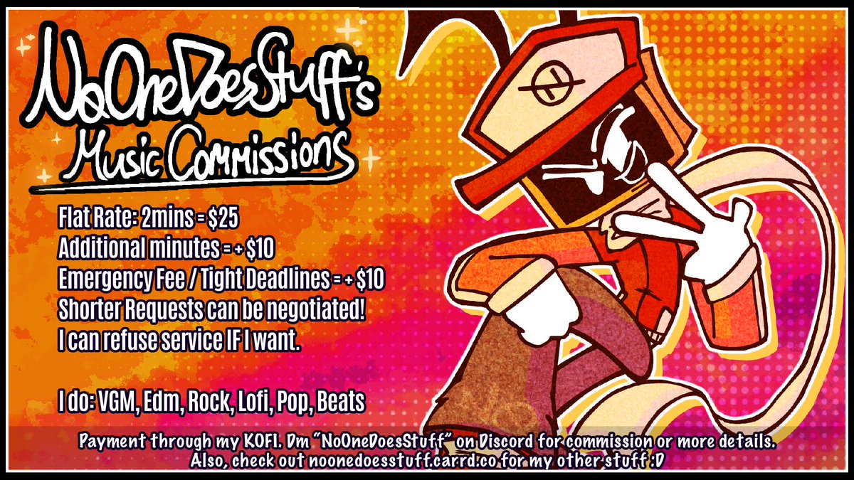 NoDoesStuff's tweet photo. MUSIC COMMISSIONS OPENED!! 5 SLOTS!!

Hi, I'm NoOneDoesStuff and I compose music for my personal and other projects! I do EDM, VGM, Rock, Indie, Pop, Fnf or whatever I feel like!

examples down in replies :D
#music #commissionㅤ https://t.co/5KnqvKILyi