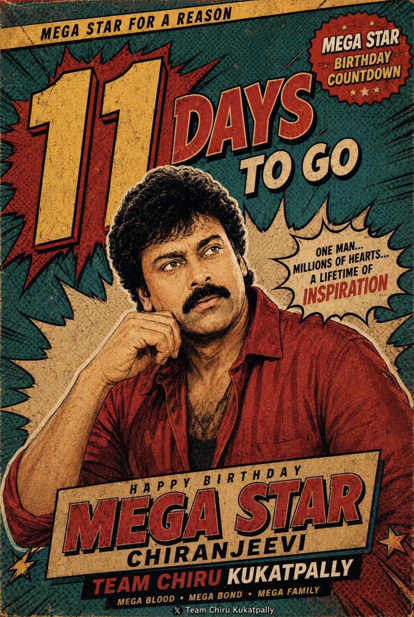LegacyOfMega's tweet photo. #11DaysToGo❤️🔥
👑 One Name. One Legacy. MEGA STAR CHIRANJEEVI!
❤️ Millions of Hearts, One Timeless Inspiration!
💥 Style • Mass • Screen Presence — A True Legend!
🦁 The Birthday Roar Begins… 11 Days & Counting!
#MegastarChiranjeevi #HBDMegastarChiranjeevi #TeamChiruKukatpally https://t.co/7dWICKs8bC