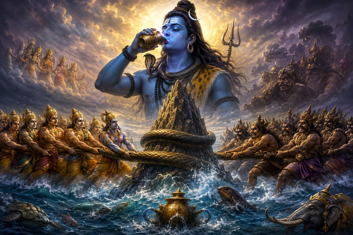sunflowermuse_'s tweet photo. Why do we celebrate Sawan Shivratri? 🔱🌿

During the Samudra Manthan, a deadly poison called Halahala emerged and threatened the entire universe.

Lord Shiva drank the poison to protect everyone. Maa Parvati stopped it from spreading through his body, and it remained in his throat.. hence the name Neelkanth. 💙

Har Har Mahadev 🕉️🔱