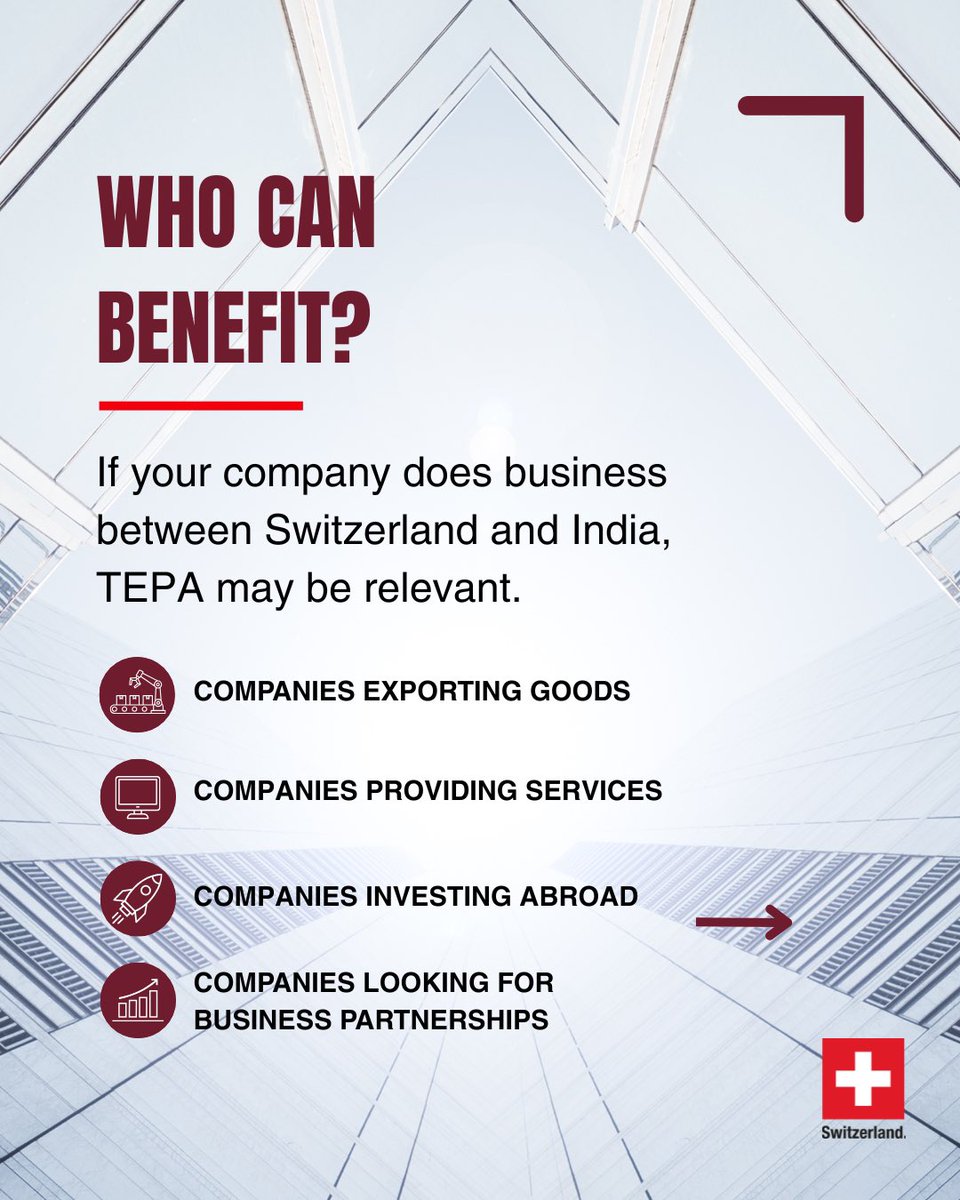 SwissEmbassyIND's tweet photo. Could your company benefit from #TEPA?

Whether you're exporting, investing, providing services or looking for new #business partnerships, TEPA could create new opportunities.

The key is knowing where to start.

#TEPATuesday #Trade #SwitzerlandIndia https://t.co/XHX6qA9Rf2