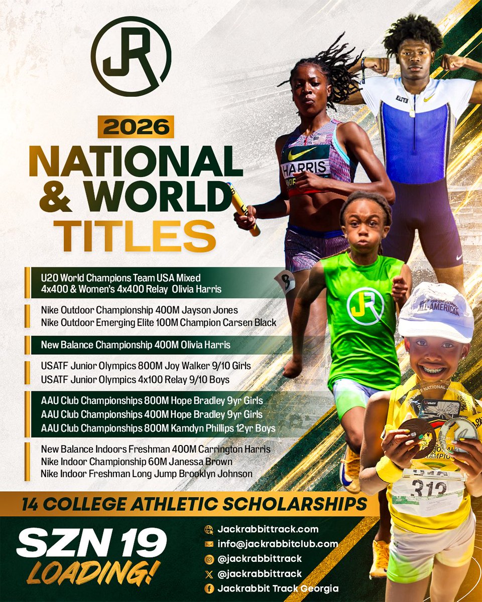 JackrabbitTrack's tweet photo. We just wrapped up our 2026 Season with 11 National Titles, 2 World U20 Gold Medals & 14 Collegiate Athletic Scholarships! #jackrabbittrack #2026 #theprogram
Season19 Loading #JRTG https://t.co/FfVCgPsoM3