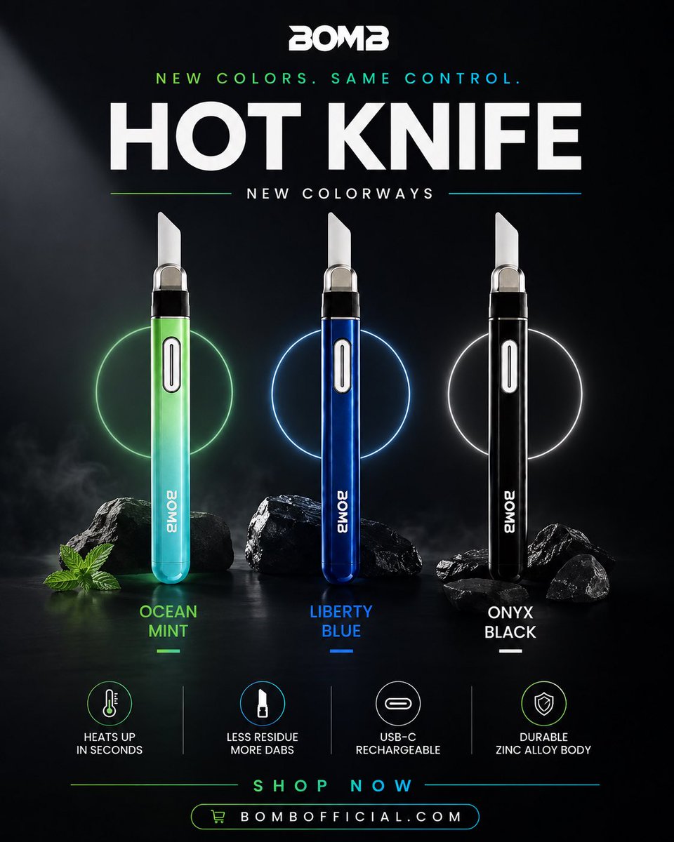 bombofficial__'s tweet photo. Meet the refreshed BOMB Hot Knife in a sleek new high-gloss finish.

🖤 Onyx Black 
💙 Liberty Blue 
🌊 Ocean Mint — a fresh new take.

Pair your Aerix with a matching Hot Knife and save.

Shop the bundle → https://t.co/08oqbzDWZz

#bomberig #Aerix #newarrival https://t.co/UnJ5G86jYq