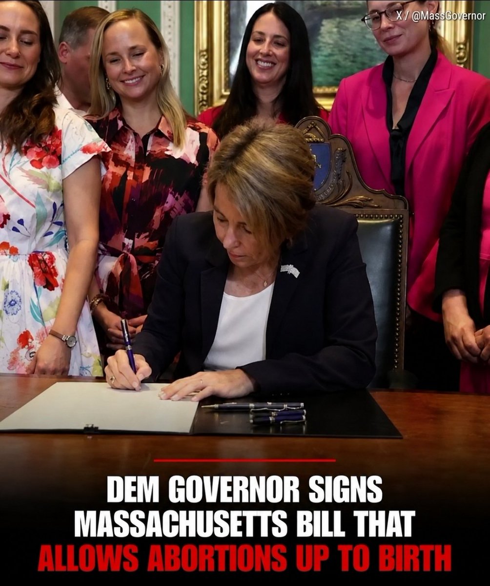Real_Ames's tweet photo. A blue state just legalized abortion up until birth.

Surrounded by applauding women, Massachusetts Gov. Maura Healey signed a sweeping abortion bill Monday that removes the state’s gestational age limit, giving health care providers greater discretion to perform abortions later in pregnancy.

This is sad and pathetic.   They should be ashamed of themselves.   And those women all clapping...  " Yayyy... we can abort  our babies all the way up until birth now.  Yayy... " 🙄🙄