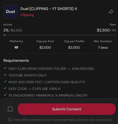 DuelVipRewards's tweet photo. If you’re a creator with a solid following and you’re looking for a straightforward way to monetize your clips, Duel Clipping is currently recruiting.They’re paying $2.50 per 1,000 views. No complicated requirements, just upload your content and start earning.Spots are open right now.
Join here: https://t.co/L4oiakc7mE