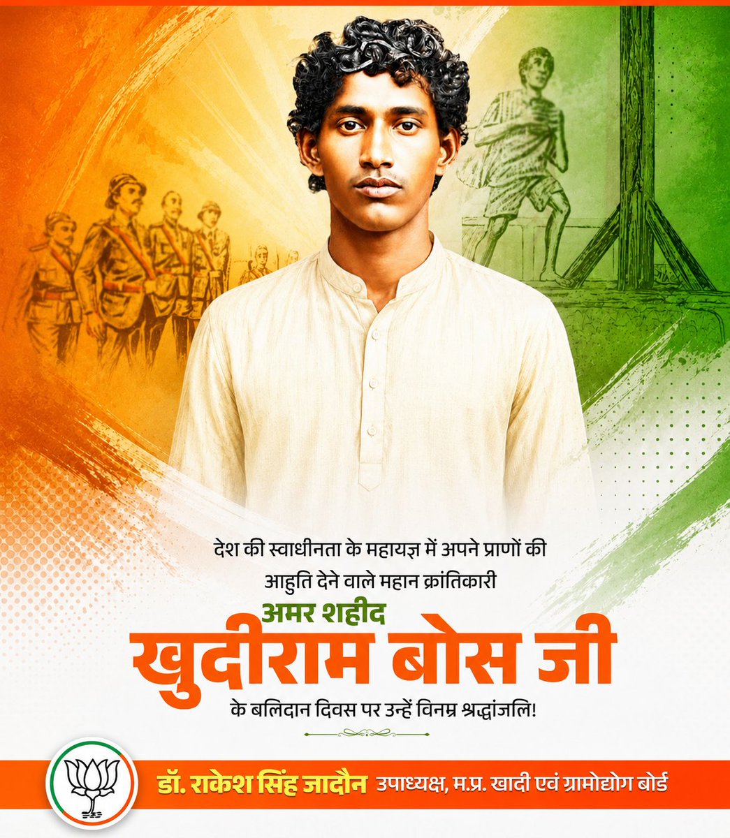 DrRakeshjadon's tweet photo. देश की स्वाधीनता के महायज्ञ में अपने प्राणों की आहुति देने वाले महान क्रांतिकारी अमर शहीद खुदीराम बोस जी के बलिदान दिवस पर उन्हें विनम्र श्रद्धांजलि!

खुदीराम बोस जी का सर्वोच्च बलिदान और राष्ट्र के प्रति अगाध प्रेम हर देशवासी के हृदय में सदैव देशभक्ति की अलख जगाता रहेगा। https://t.co/IZaXpLomrS