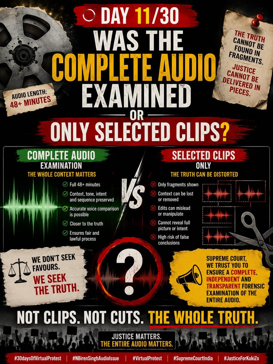 kukigrand2026's tweet photo. 🔴 DAY 11/30
Let the Forensic Record Be Clear

No matter what conclusion is reached, the public should be able to understand:

📌 What audio file was submitted?
📌 Was the complete recording examined?
📌 Which portions were tested?
📌 What methodology was used?

A transparent process strengthens confidence in the result.

#30daysOfVirtualProtest
#NBirenSinghAudioIssue
#VirtualProtest
#SupremeCourtIndia
#JusticeForKukiZo