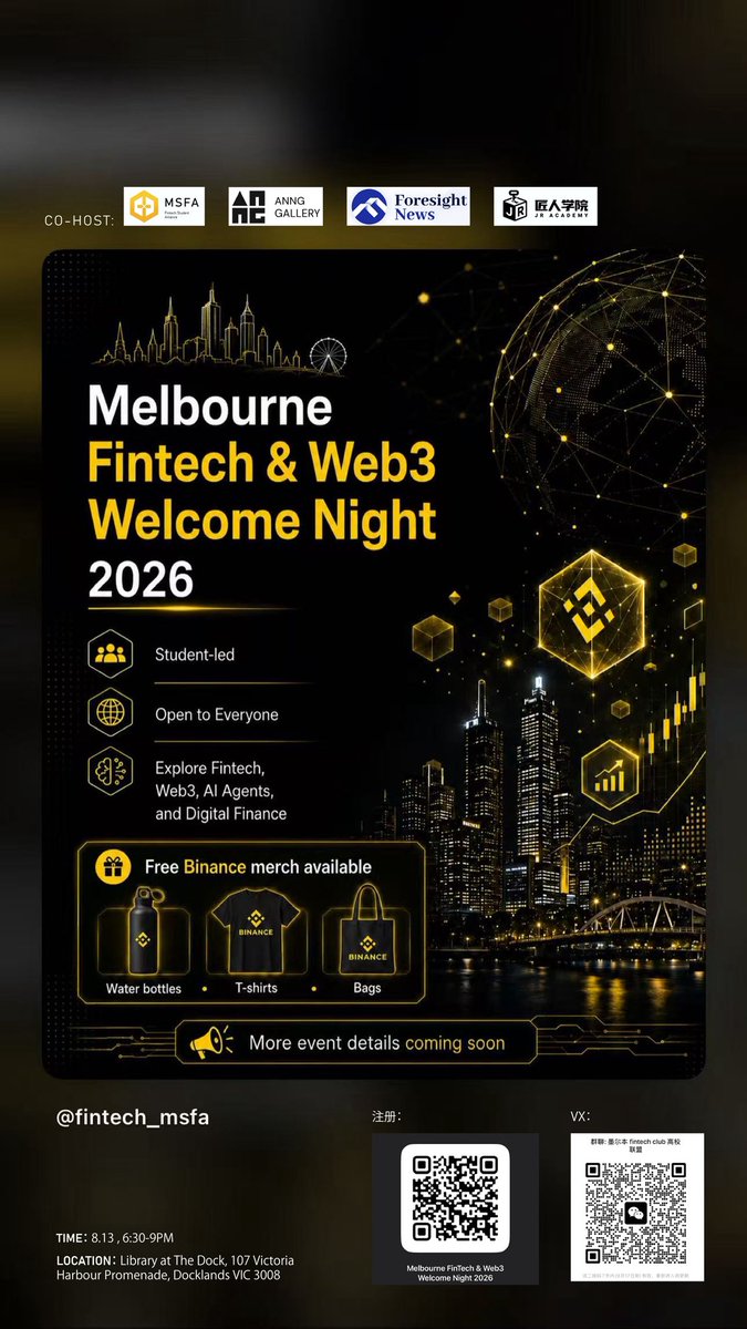 Ancosoho's tweet photo. Melbourne 的朋友看过来 👀

我们在组织一场 FinTech × Web3 × AI Student Welcome Night，由 Binance 生态赞助。

欢迎 Builder / Trader / Researcher / AI &amp; Web3 感兴趣的朋友来认识一下 🙌

📅 8.13 号 6:30-9:00pm

想来的可以扫海报二维码 / Luma 报名 👇https://t.co/eLQmmojpJL https://t.co/ElVCNzUGPI