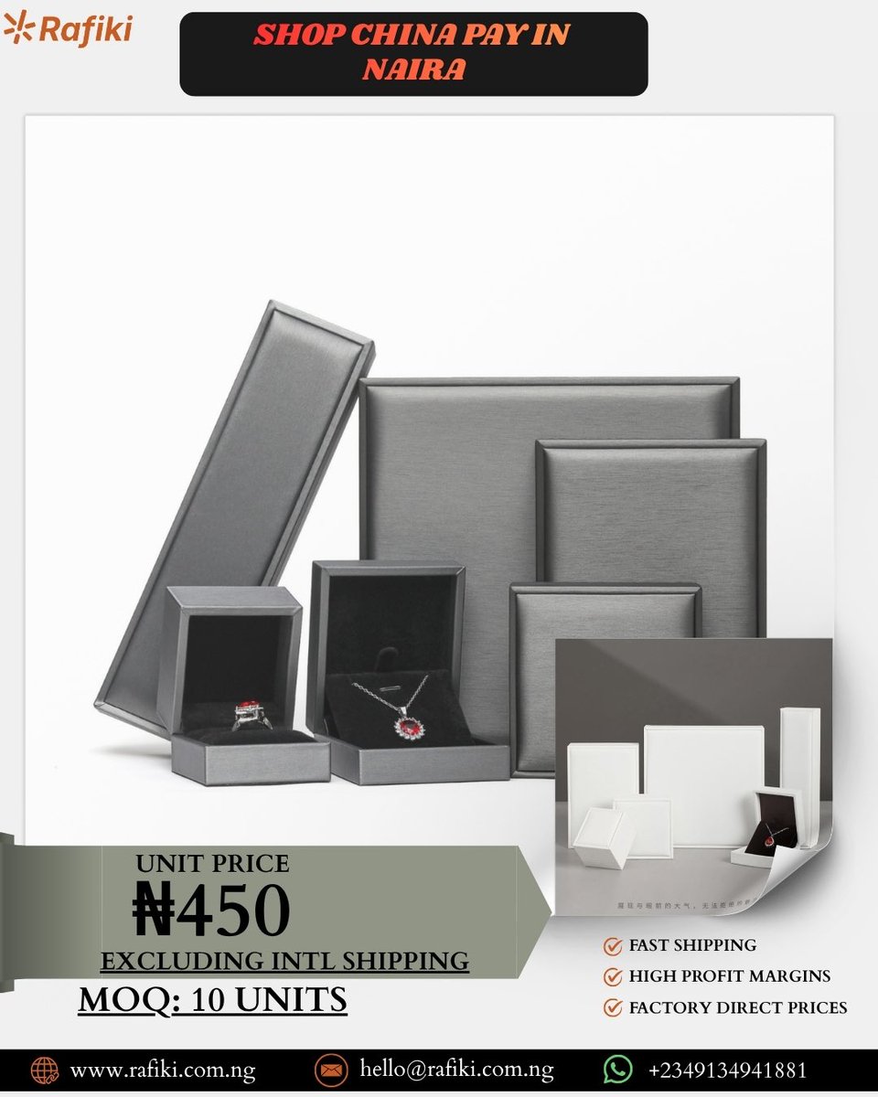 tryrafiki's tweet photo. Give your jewellery the perfect finishing touch with these premium jewellery boxes for only ₦450 per unit 🎁✨

MOQ: 10 units | Shipping excluded
Order via WhatsApp: https://t.co/emWAStQPiS https://t.co/5Te3rgNd71
