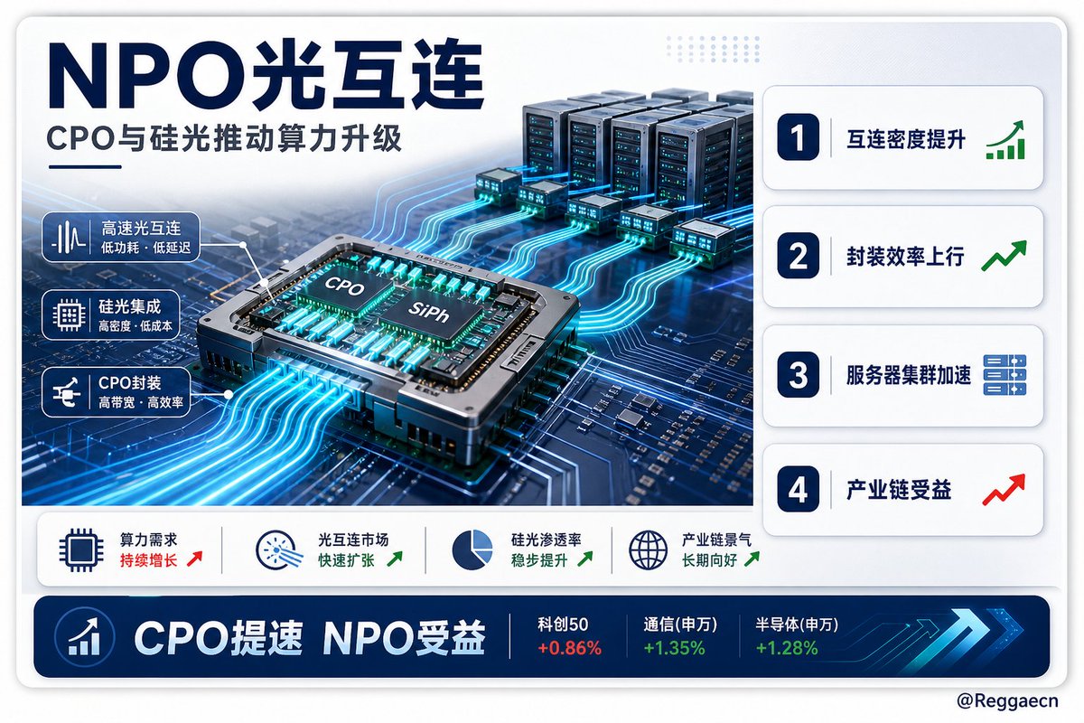 Reggaecn's tweet photo. NPO这条线又被推到台前了，华为 阿里 腾讯这些云厂商在做超节点，CPO还没完全成熟，近封装光学先成了能落地的过渡方案。
它的好处也挺直接，模块能换，坏了影响范围小，制造良率相对好控。国产算力这边缺的不是故事，是真能接上工程进度的东西，NPO现在就卡在这个位置。 https://t.co/9j71OIyKrm
