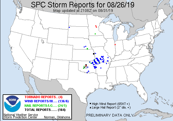 weather_history's tweet photo. August 26, 2019:

A highly unstable airmass and a cold front produced intense thunderstorms that tore through the Oklahoma City metro. Three weak tornadoes were confirmed, including a high-end EF1 near Seward. Severe wind gusts as high as 87 mph were recorded.

#wxhistory https://t.co/0dal71YNYQ