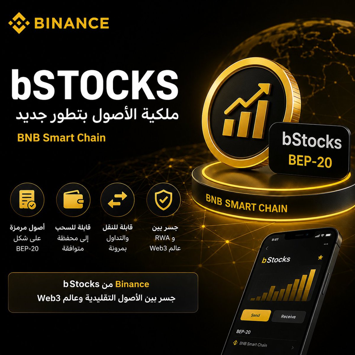 shahdAian's tweet photo. 🌐 bStocks من Binance… خطوة جديدة نحو ملكية الأصول الرقمية

الـTokenization لم يعد مجرد تحويل أصل تقليدي إلى توكن، بل أصبح وسيلة لفتح الأصول على إمكانيات جديدة داخل عالم Web3.

مع bStocks، تأتي الأصول المرمزة بصيغة BEP-20 على BNB Smart Chain، ما يمنحها قابلية أكبر للتكامل مع منظومة البلوكتشين.

🔐 والأهم أن bStocks يمكن سحبها إلى محفظة متوافقة مع BNB Smart Chain، لتوفير مرونة أكبر في إدارة الأصول الرقمية.

💡 ببساطة:
أصول مرمزة + قابلية للنقل + بنية Web3

ومع استمرار توسع قطاع RWA، تفتح bStocks الباب أمام نموذج أكثر تطورًا للتعامل مع الأصول التقليدية على البلوكتشين.

bStocks من Binance — حيث تلتقي الأصول التقليدية مع عالم Web3. 🌍

#bStocks #Binance #Web3 #RWA #Tokenization