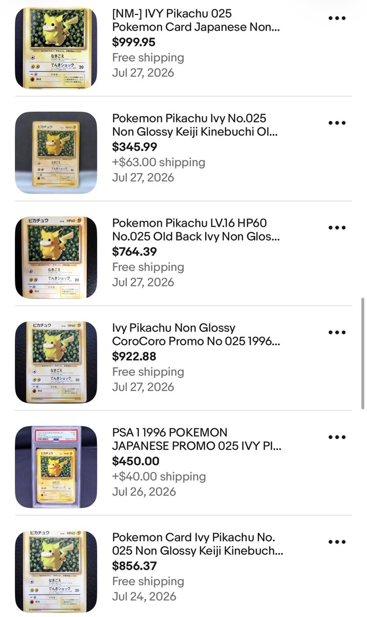 ProfVictini's tweet photo. It’s been a while since I last looked at the Ivy Pikachu Non-Glossy version. It looks to me that the non-glossy version is also picking up in price, even in the lower PSA side.

A PSA10 was recently sold at $80,000 (8 August, 2026), and a PSA1 was sold at $450.

Over the weekend I was also chatting with another collector about getting more vintage over modern. Looks like the trend is still going on.