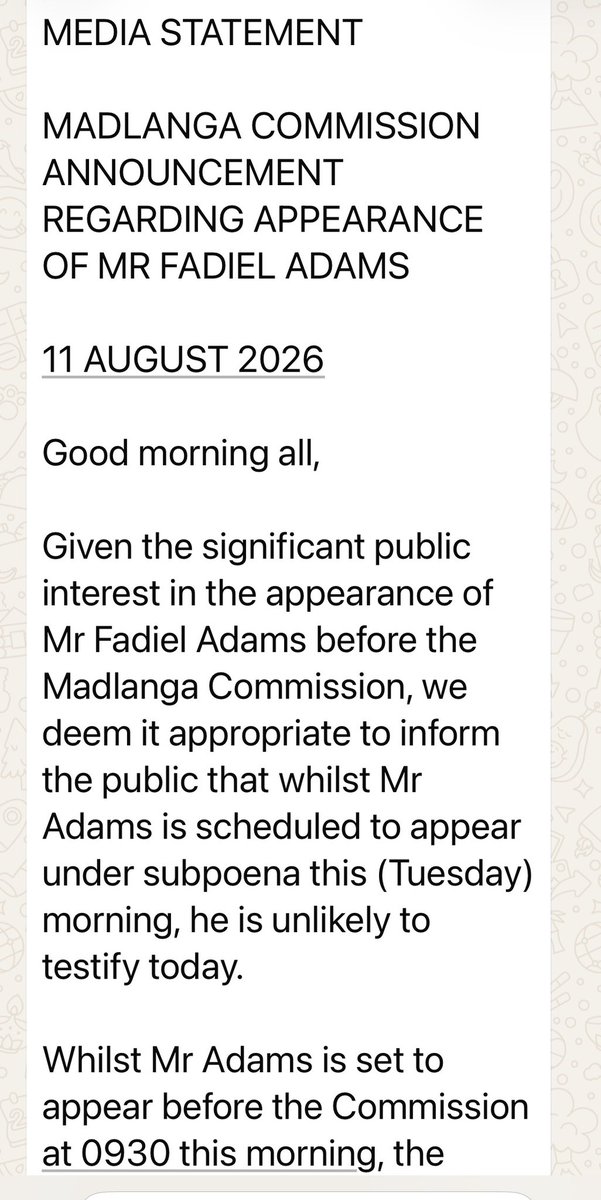 ZiyandaNgcobo's tweet photo. JUST IN: The #MadlangaCommission has just released a statement saying that while NCC MP Fadiel Adams will make a brief appearance before the inquiry, his testimony is unlikely to proceed today after the evidence leaders only received a sworn affidavit and related annexures after 21h00 last night. The testimony is likely to be postponed