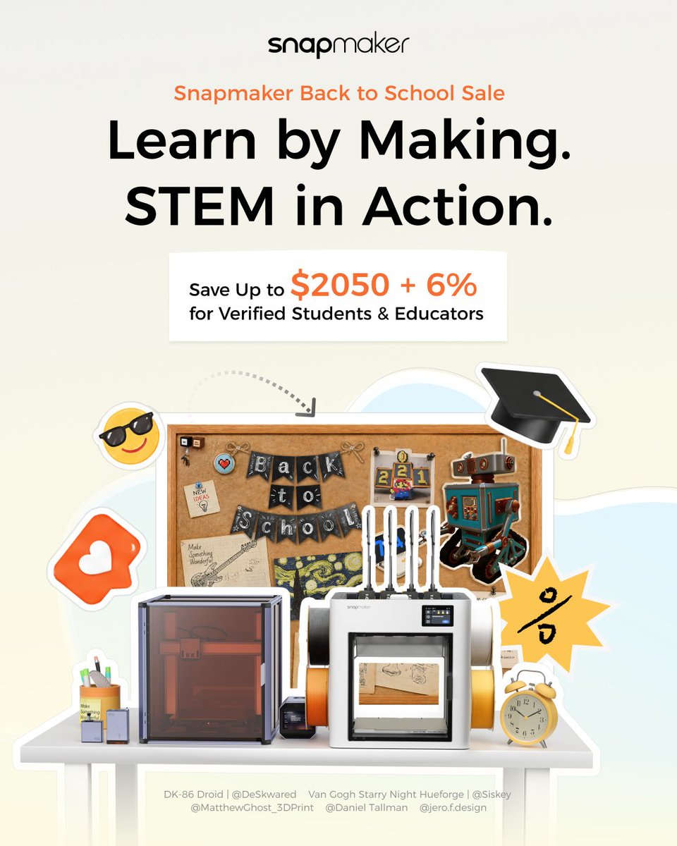 snapmaker's tweet photo. 🎒 Back to School Sale! 📚🛠️
Gear up for a new semester of learning, making, and creating with Snapmaker.💡

🔥 Everyone: Save up to $2,050
🎓 Verified Students & Educators: Enjoy an additional 6% off sale prices
⏳ Aug 11 – Sep 10

Shop the sale at our official stores.
🛒 US Store: https://t.co/sU1VwNdjfm
🛒 EU Store: https://t.co/5BQipcoSV1
🛒 Global Store: https://t.co/NCa09Q6GFQ

#SnapmakerU1 #3DPrinting #BackToSchool #Sale