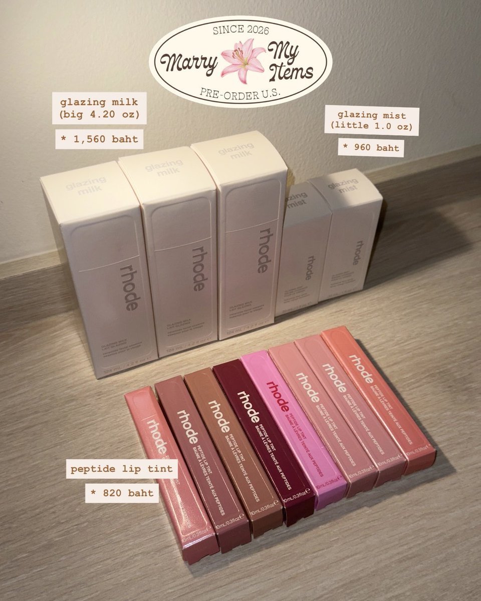 marrymyitems's tweet photo. “ rhode ” 
พร้อมส่ง &amp; ส่งฟรีทุกชิ้น

* glazing milk (4.2oz)
1,560 baht

* glazing mist (1.0 oz)
960 baht

* peptide lip tint
820 baht
— salty tan / raspberry jelly / toast / jelly bean / ribbon (2x) / sweet pea (2x)

#พรีออเดอร์อเมริกา #preorderusa #rhode #rhodeพร้อมส่ง https://t.co/LqFS4WCZiG