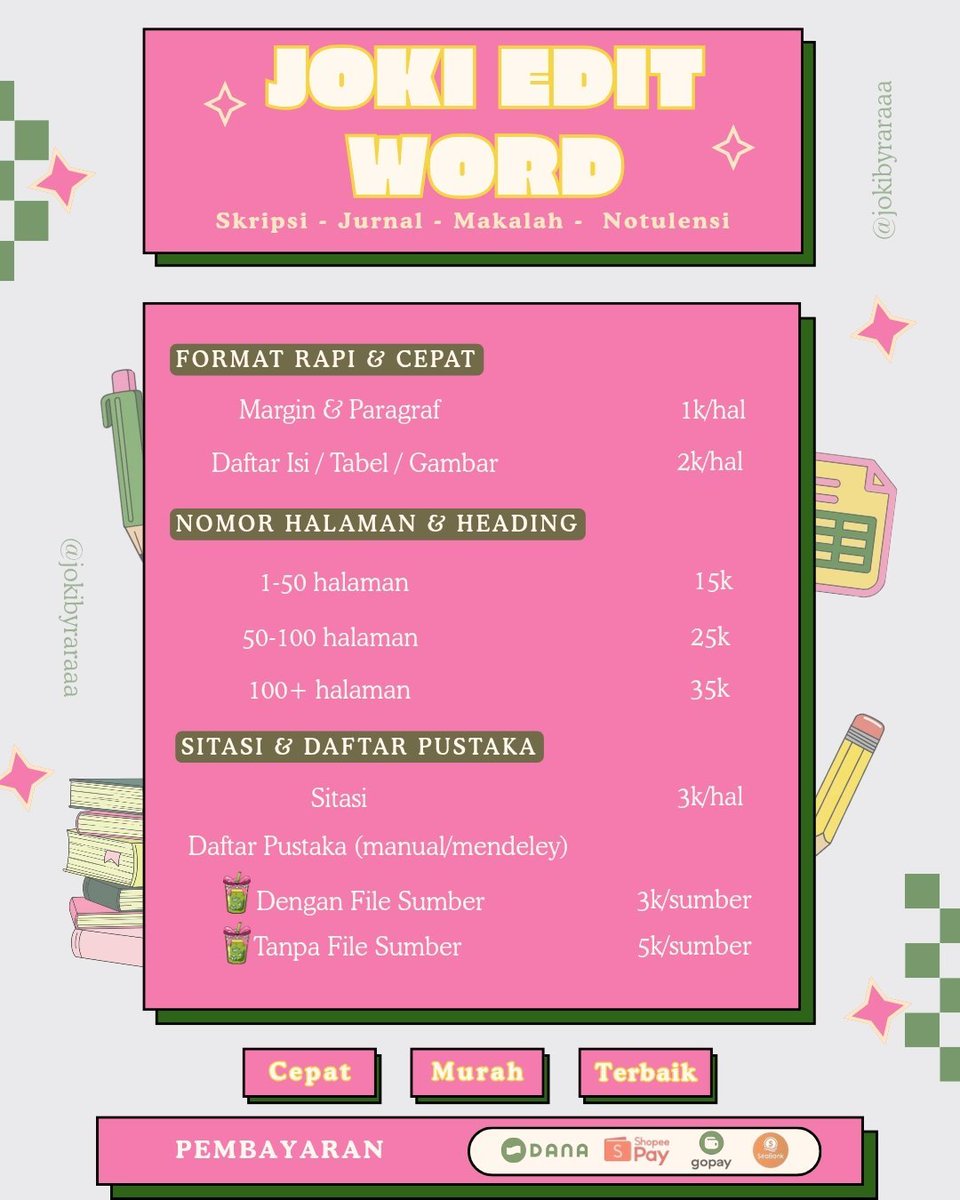 jokibyraraaa's tweet photo. haii semuanyaa, aku lagi open joki edit Word yaaaww

Bisa bantu rapihin Word, nomor halaman, margin, Mendeley, sitasi, daftar pustaka, daftar isi, daftar tabel, dan daftar gambar.

PROSES CEPAT!!
Yang mau boleh chat di bio atau WA yaa. Makasiii

#zonauang https://t.co/AtxhwFhuqa