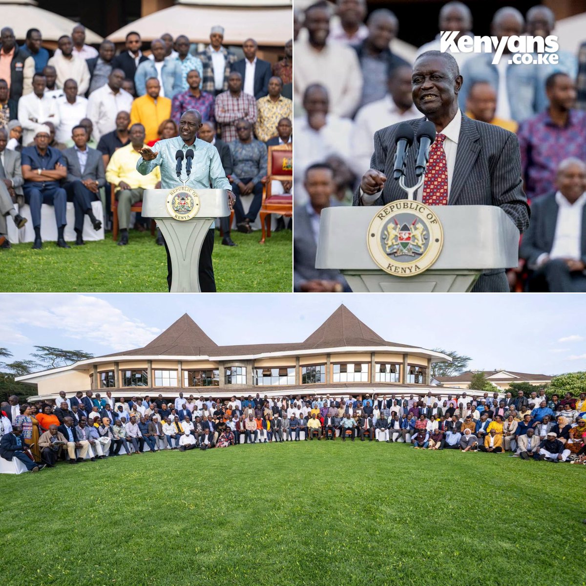 Kenyans's tweet photo. President Ruto and Oburu Odinga address the broad-based parliamentary group comprising 312 MPs, 48 senators and 24 governors at their retreat in Naivasha https://t.co/fKLRzVBSP5