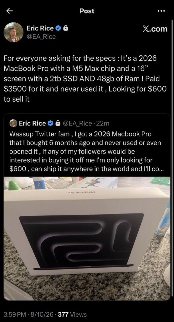 THEProoffmoney's tweet photo. Do not send any bitcoin to this account!

I just got off the phone with @EA_Rice. He was hacked.

This scammer will reach out to you and tell you to send him Bitcoin and he'll send you the laptop.

Too-good-to-be-true usually is https://t.co/rQXIhvf3lI