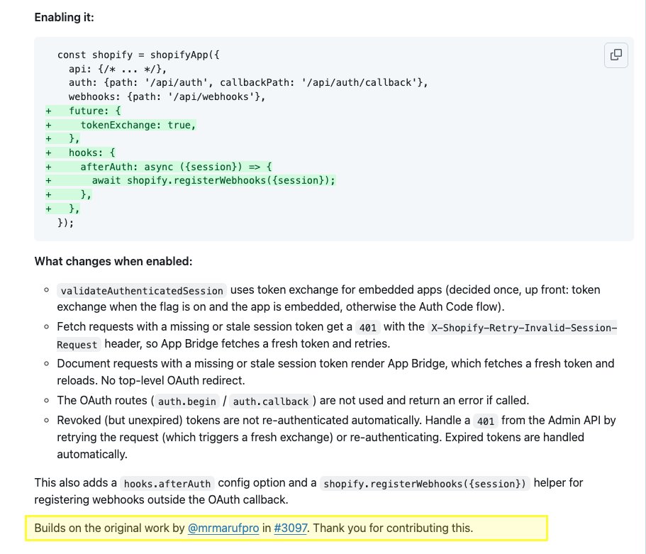mrmarufpro's tweet photo. A missing piece in Shopify’s Node/Express stack is finally here.

Token exchange and expiring offline tokens now work in v8.0.0, opening the door for Sidekick extensions implementation.

This builds on my work in PR #3097. Thanks to Shopify for taking it forward

#ShopifyDev https://t.co/EWnxd6v0pc