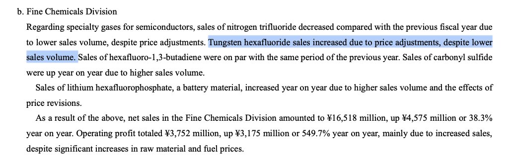 Teo_Sinamin's tweet photo. Kanto Denka released it's Q1 2026 report.

EPS grew 600% due to downstream demand. Fat margin.

Again a timely call from me yesterday saying there's short term opportunity in Tungsten-related stocks in Japanese stock market.

Kanto Denka was able to fully transfer the price shock in its Tungsten supply chain to its downstream customers.

"WF6 continues production by diversifying its tungsten procurement sources".

Though in another release - "Tungsten hexafluoride sales increased due to price adjustments, despite lower
sales volume."

This suggests their WF6 production has been impacted by Tungsten availability. In a booming market, dropping sales volume wouldn't be from customers not wanting WF6, but from production being restricted due to raw materials.

This is so far the first "official" sign that the Japanese WF6 supply chain is cracking.

Tungsten is in a very fortunate situation where its biggest downstream demand is insensitive to price increases, while also not accounting for a large portion of its costs.

However, that's not to say Tungsten availability will not cause severe disruption to semiconductor's supply chain.

Without Tungsten, chips & wafers cannot be manufactured.